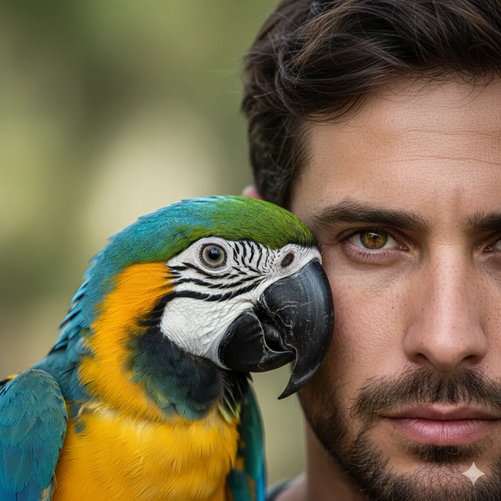 Portrait of a Man and Macaw: An Intimate Close-Up
