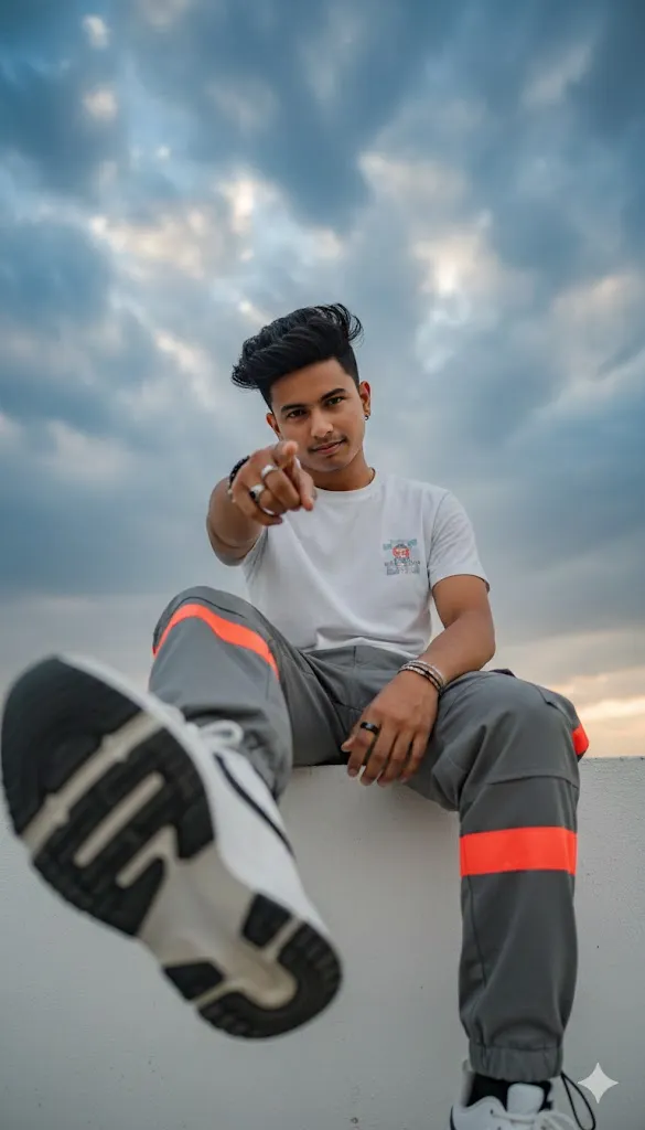 Dynamic Low-Angle Shot of a Man Pointing Confidently