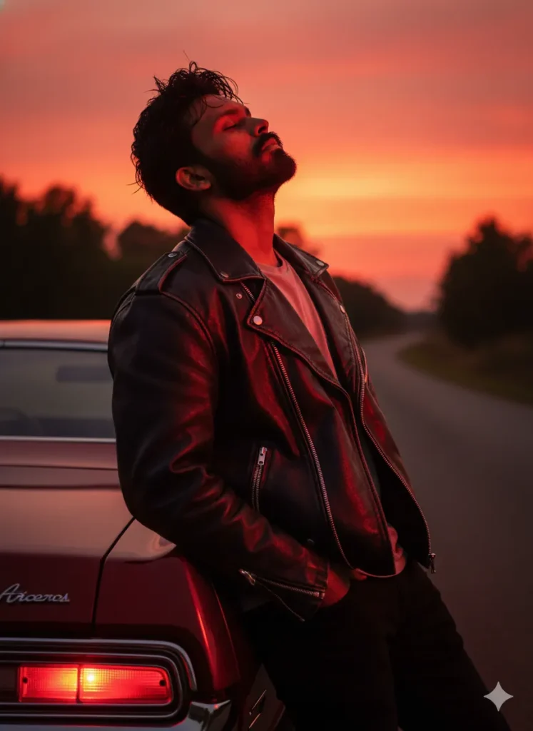 Melancholic Portrait by a Classic Car at Sunset