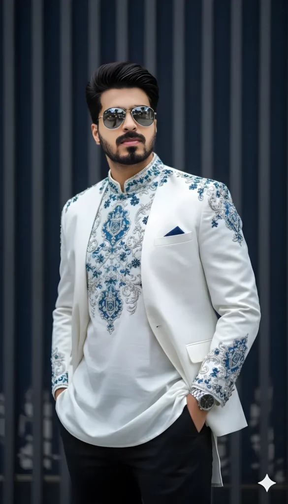 Stylish Man in Indo-Western Wear Against Striped Wall