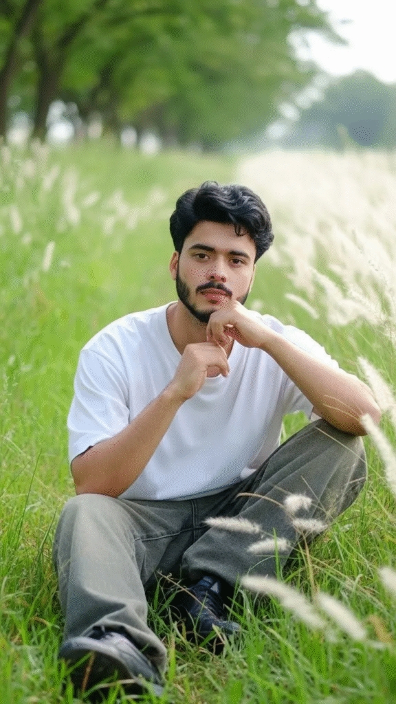 Morning Gaze in White Linen Among Feathery Grass